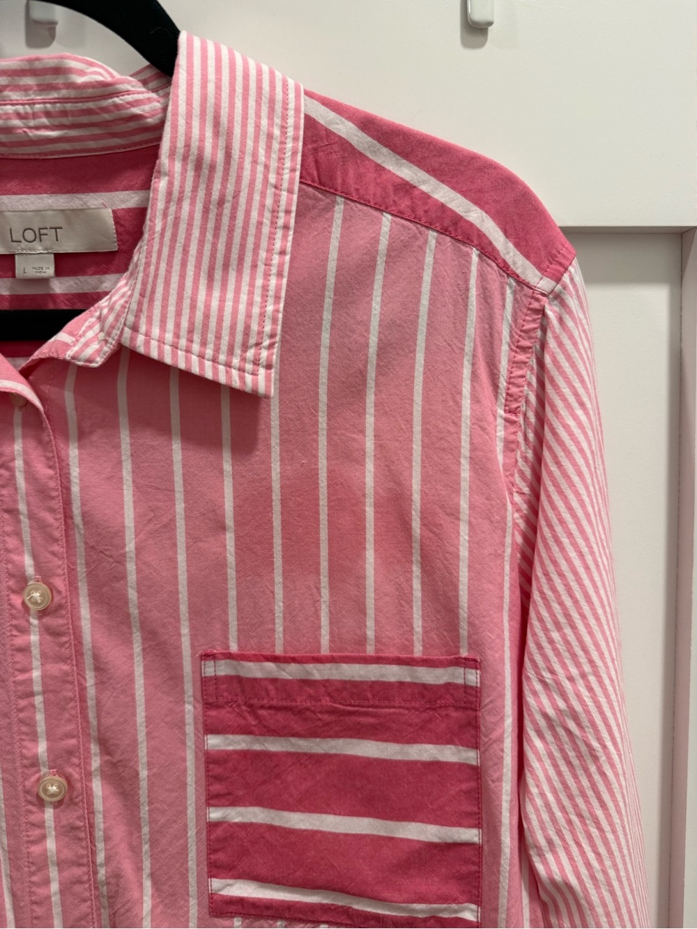 LOFT Pink and White Vertical-Strip Button Down Shirt - Picture 2 of 8